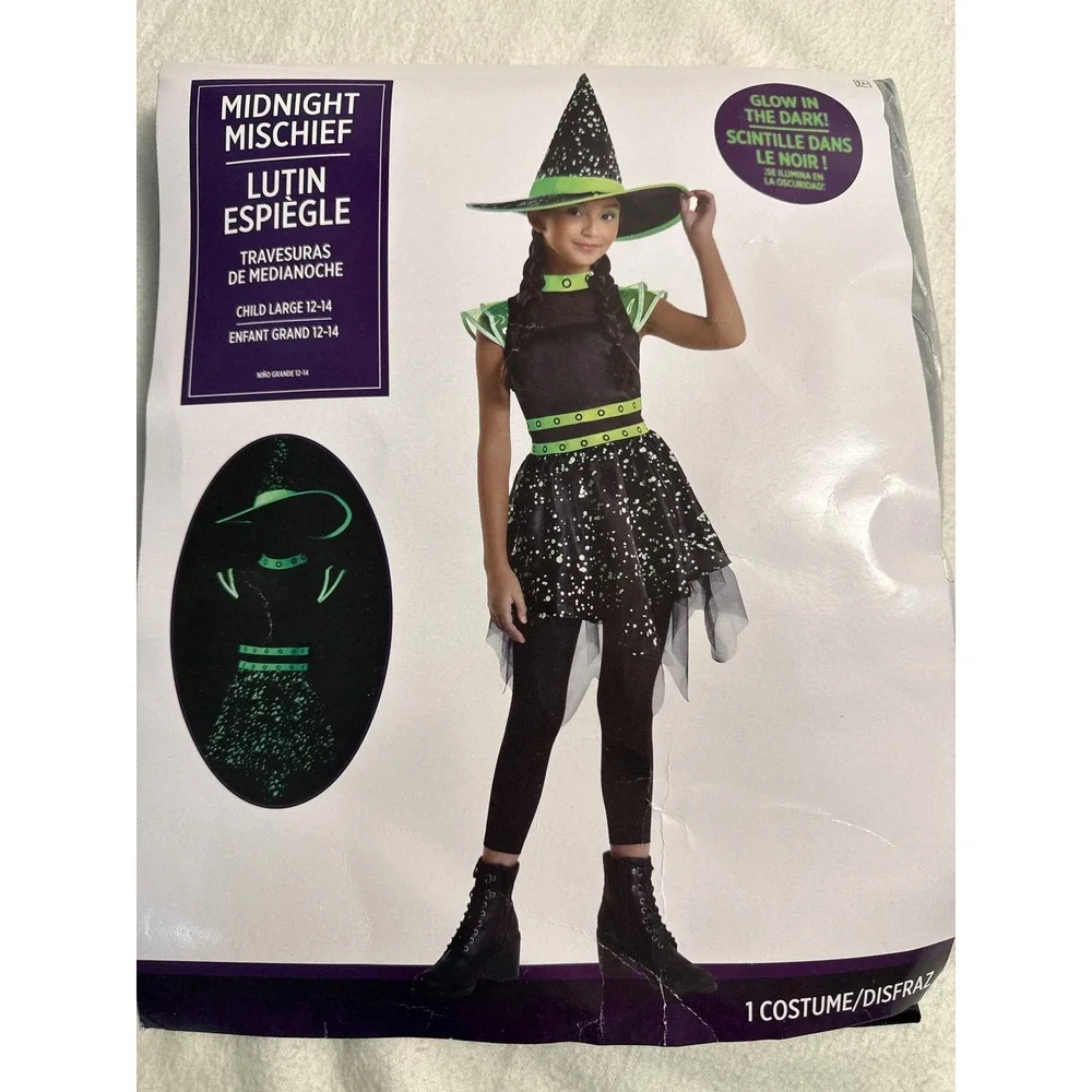 Midnight Mischief Witch Costume Kids Size 12-14 Black Green Glow In The Dark New